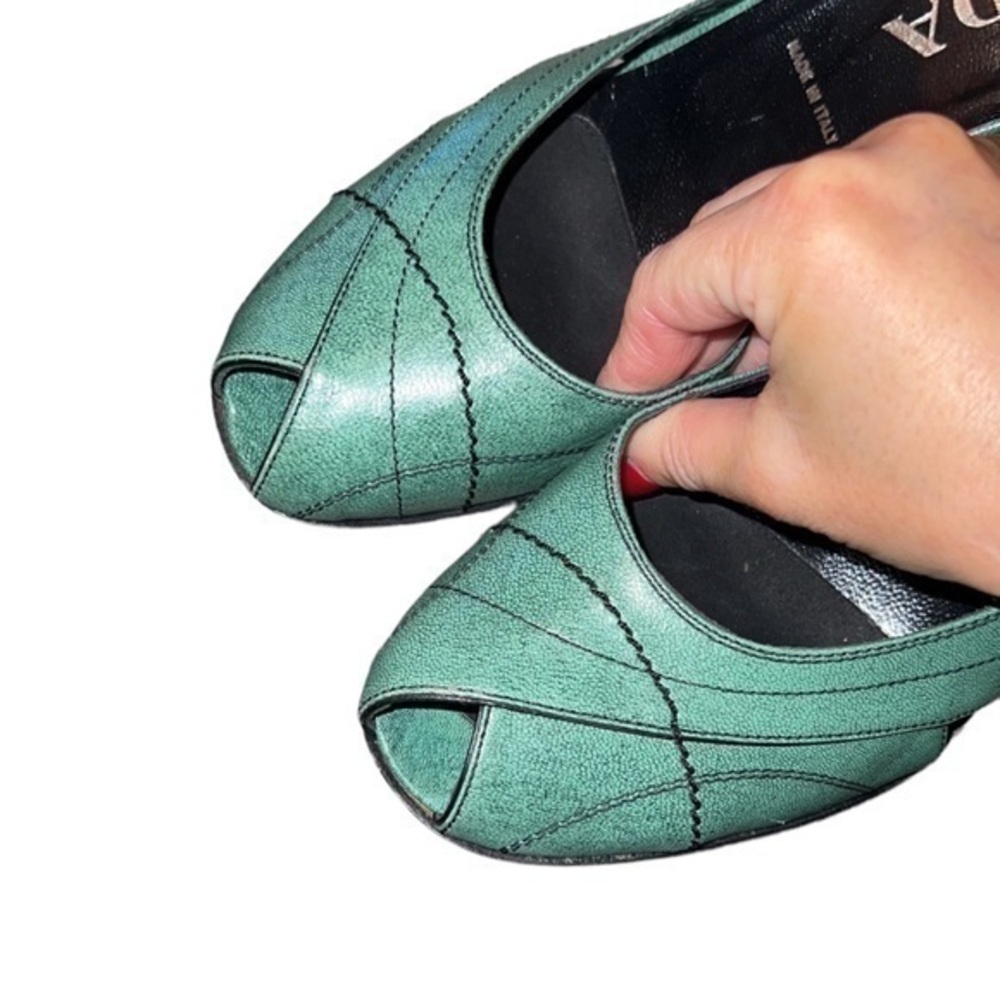 PRADA Vintage 2000s’ Green Leather Block Heel Peep Toe Sandals Mules 37.5 - Picture 5 of 9